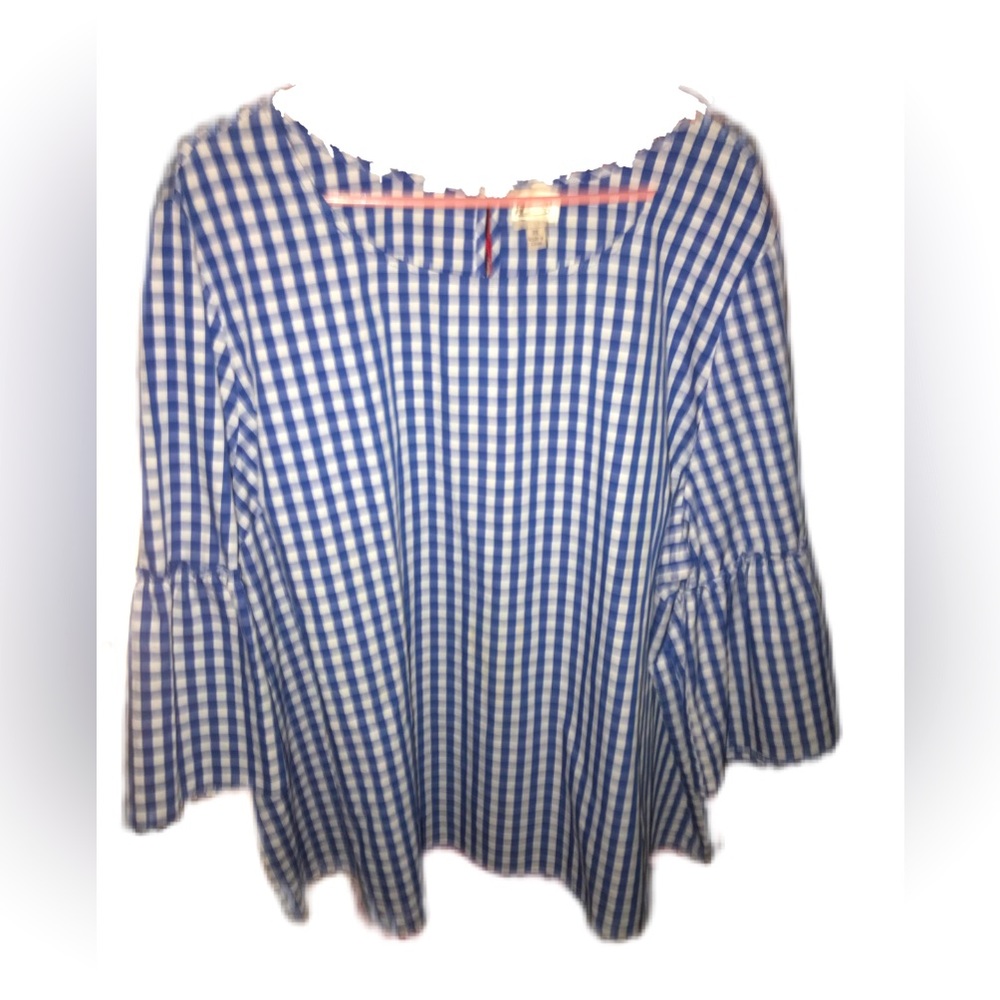Xxl Como Vintage Navy And White Gingham bell sleeve Top